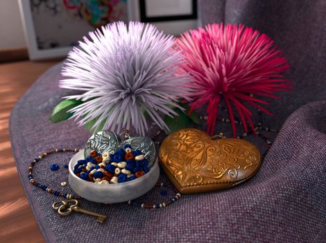 conceptual holiday Still life with bead and decorative hearts