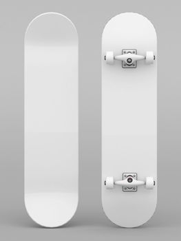 brand new skateboard, pictured on a gray background