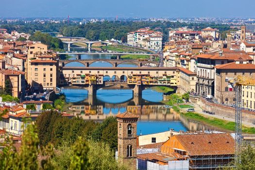 Panorama of bridges and city in Florence, Italy