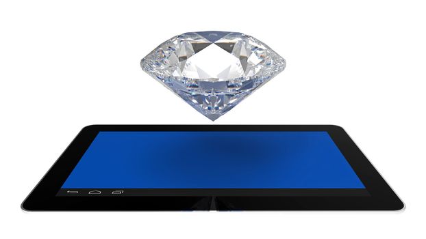 Diamond over tablet computers on white, 3d render, illustration
