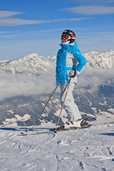 The woman at the view winter mountain. Ski resort Schladming . Austria