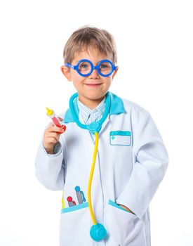 Portrait of a little smiling doctor with stethoscope and syringe. Isolated on white background