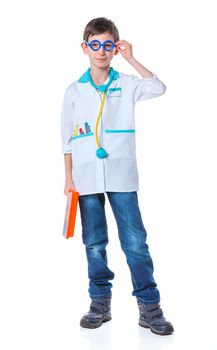 A little smiling doctor with stethoscope and syringe. Isolated on white background