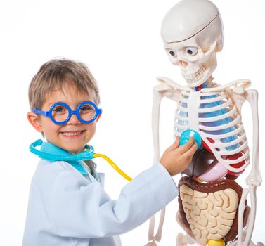 A little smiling doctor with stethoscope and skeleton. Isolated on white background