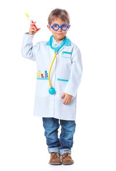 A little smiling doctor with stethoscope and syringe. Isolated on white background