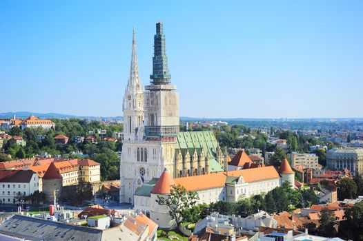 Aerial view on a Zagreb Cathedral in the bright sunny day