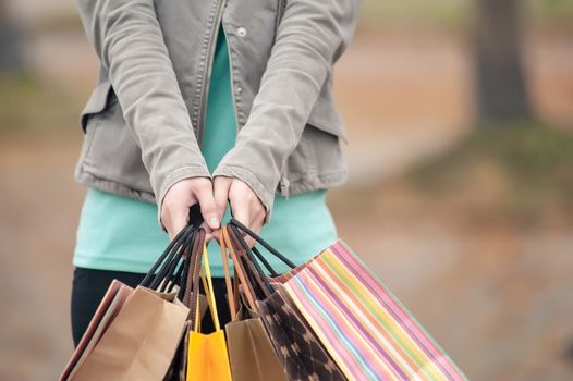 Concept of woman shopping and holding bags, closeup images.