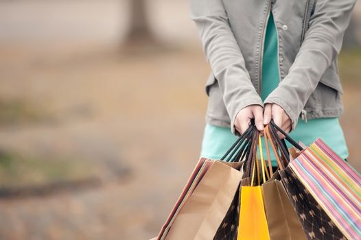 Concept of woman shopping and holding bags, closeup images.