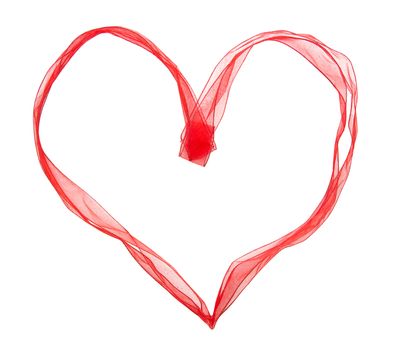 Red ribbon in the shape of heart on a white background.