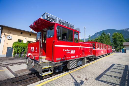 ST. WOLFGANG, AUSTRIA - AUGUST 6: Steam locomotive of a vintage cogwheel railway going to Schafberg Peak (1783m) on August 6, 2013 in St. Wolfgang.