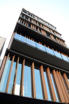 Wooden fin facade of a modern building in Asakusa, Tokyo, Japan