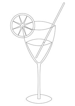 Glass with a lemon, straw and a drink, contours