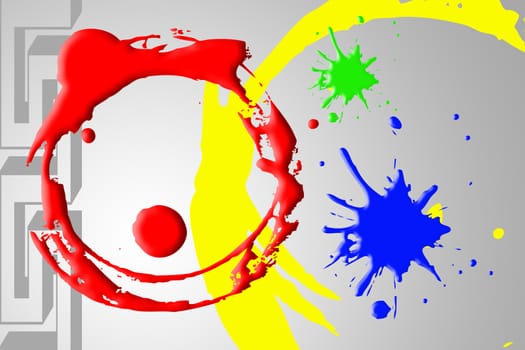 Abstract background including red and yellow circle green and blue dropped ink on gray background