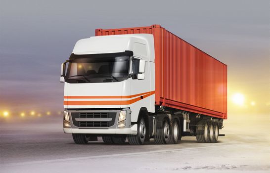 truck with cargo container on ice road in blizzard