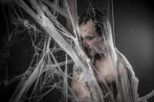 Internet.man tangled in huge white spider web