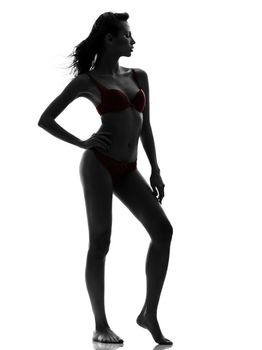 one beautiful asian woman in red underwear silhouette studio isolated on white background