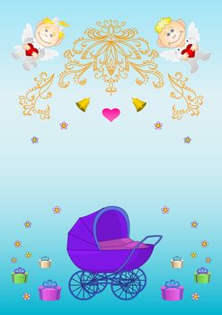 Festive greeting card with patterns, angels, pram, bells and gift boxes. Vector
