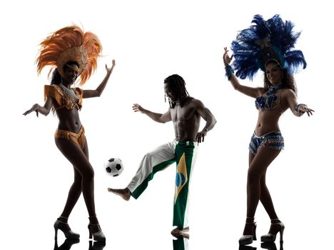 brazilian women samba dancer and soccer player man dancing silhouette on white background