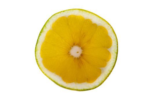 Slice of oroblanco, a hybrid between a pomelo and an acidless grapefruit often called a sweetie, isolated on white to show the golden segmented pulp