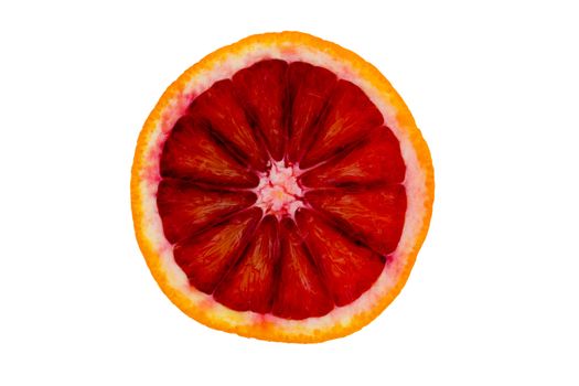 Slice of deep red ruby grapefruit isolated on white for a healthy breakfast rich in vitamin c showing the structure and texture of the pulp and segments