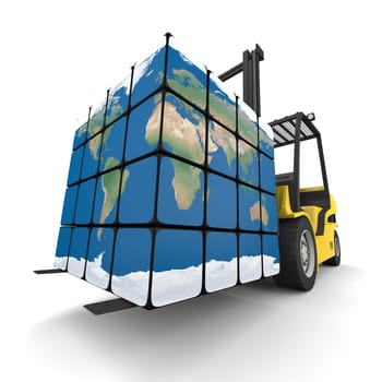 Concept of global transportation, modern yellow forklift carrying planet Earth in form of cube, isolated on white background. Elements of this image furnished by NASA.