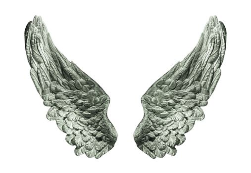Symbolic composition of silver wings isolated onwhite.