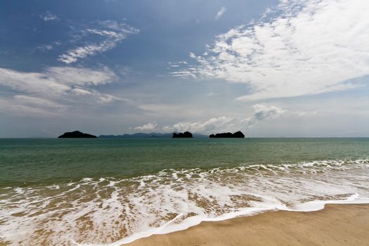 Wide shot of beach of Langkawi Island facing Andaman Sea