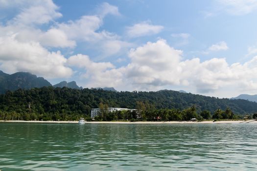 Sea front hotel at Langkawi Island seen from the sea