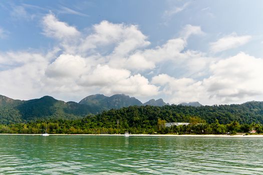 Sea front hotel at Langkawi Island seen from the sea