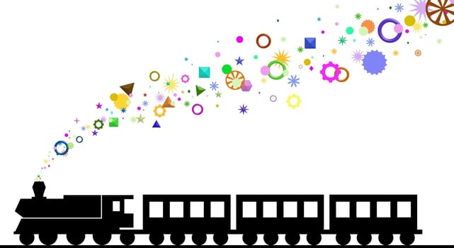 Illustration of a train with colorful shapes