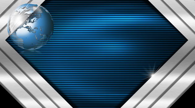 Blue and black abstract background with metal stripes and blue world globe