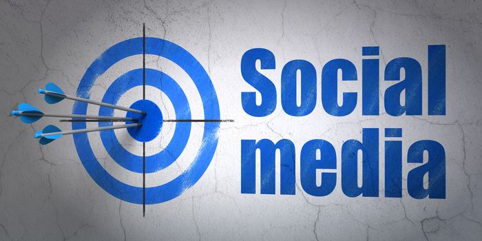 Success social media concept: arrows hitting the center of target, Blue Social Media on wall background, 3d render
