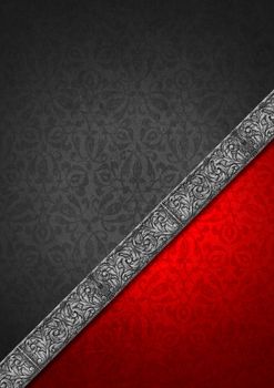 Template of gray and red velvet and texture with ornate floral seamless and diagonal silver floral band

