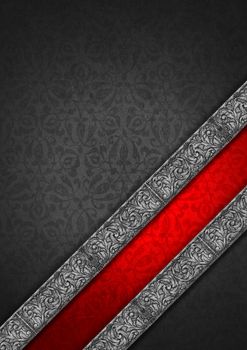 Template of gray and red velvet and texture with ornate floral seamless and diagonal silver floral band

