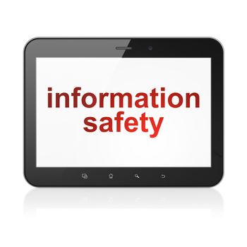 Safety concept: black tablet pc computer with text Information Safety on display. Modern portable touch pad on White background, 3d render