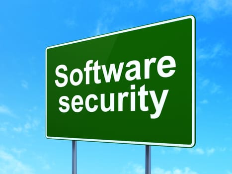 Privacy concept: Software Security on green road (highway) sign, clear blue sky background, 3d render