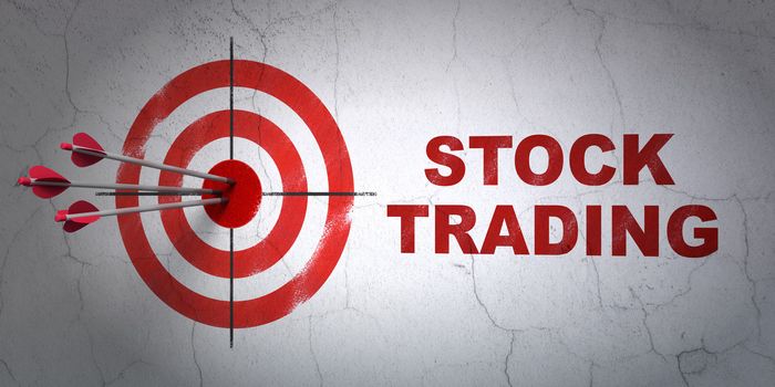 Success finance concept: arrows hitting the center of target, Red Stock Trading on wall background, 3d render