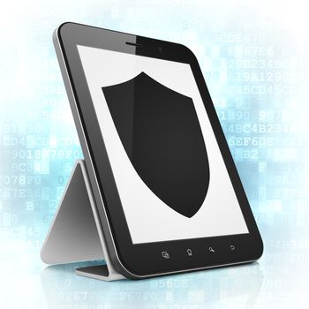Security concept: black tablet pc computer with Shield icon on display. Modern portable touch pad on Blue Digital background, 3d render
