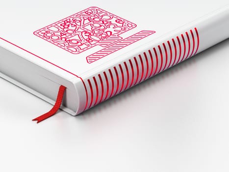 Education concept: closed book with Red Computer Pc icon on floor, white background, 3d render
