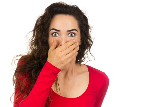 A shocked and frightened woman covering her mouth in surprise and disbelief. Isolated on white.