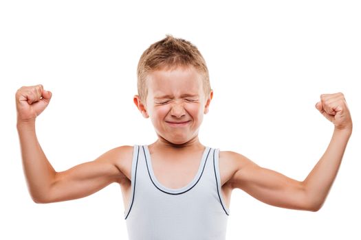 Beauty smiling sport child boy showing his hand biceps muscles strength white isolated