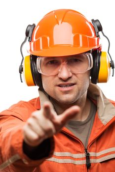 Construction building engineer or manual worker man in safety hardhat helmet finger pointing white isolated
