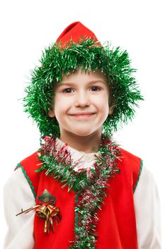 Little cheerful smiling child boy in Santa helper gnome or elf costume white isolated