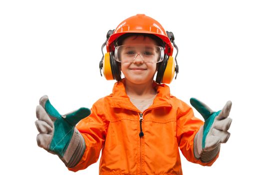 Little smiling child boy engineer or manual worker in safety hardhat helmet and gloves white isolated