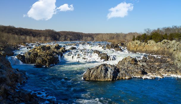 Great Falls on Potomac river outside Washington DC in winter with ice forming on the cascades and snow on the rocks