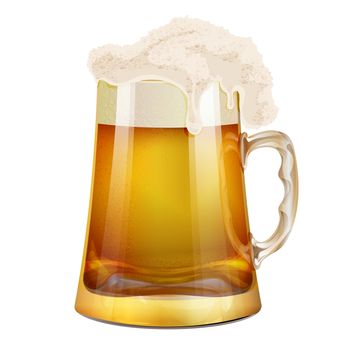 glass mug of beer with foam on white background
