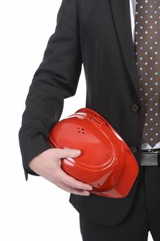 businessman holding red helmet, detail