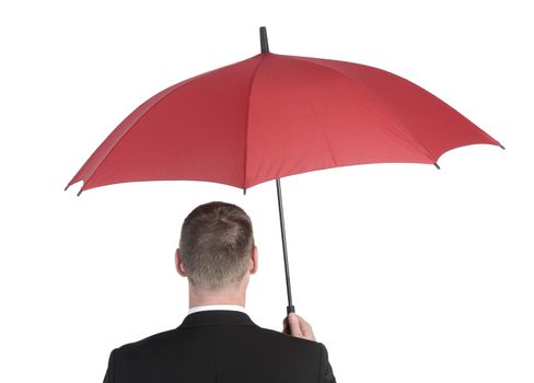  businessman with red umbrella, rear view