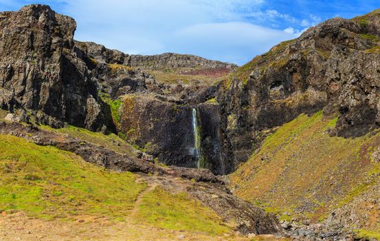 Cloudy sky over the amazing waterfall in Iceland. Panorama
