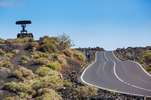Road in Timanfaya National Park in Lanzarote, Canary Islands, Spain